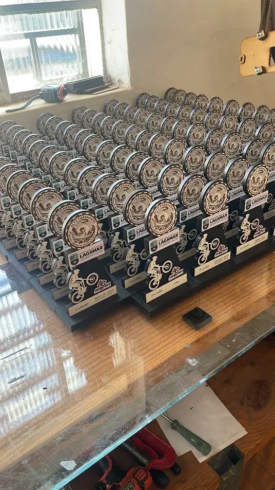 Dezenas de troféus circulares de ciclismo em fileiras sobre uma mesa